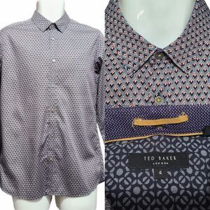 Ted Baker Shirt Men's 4 (Large)  Blue/Red Geometric Long Sleeve Flip Cuff Career